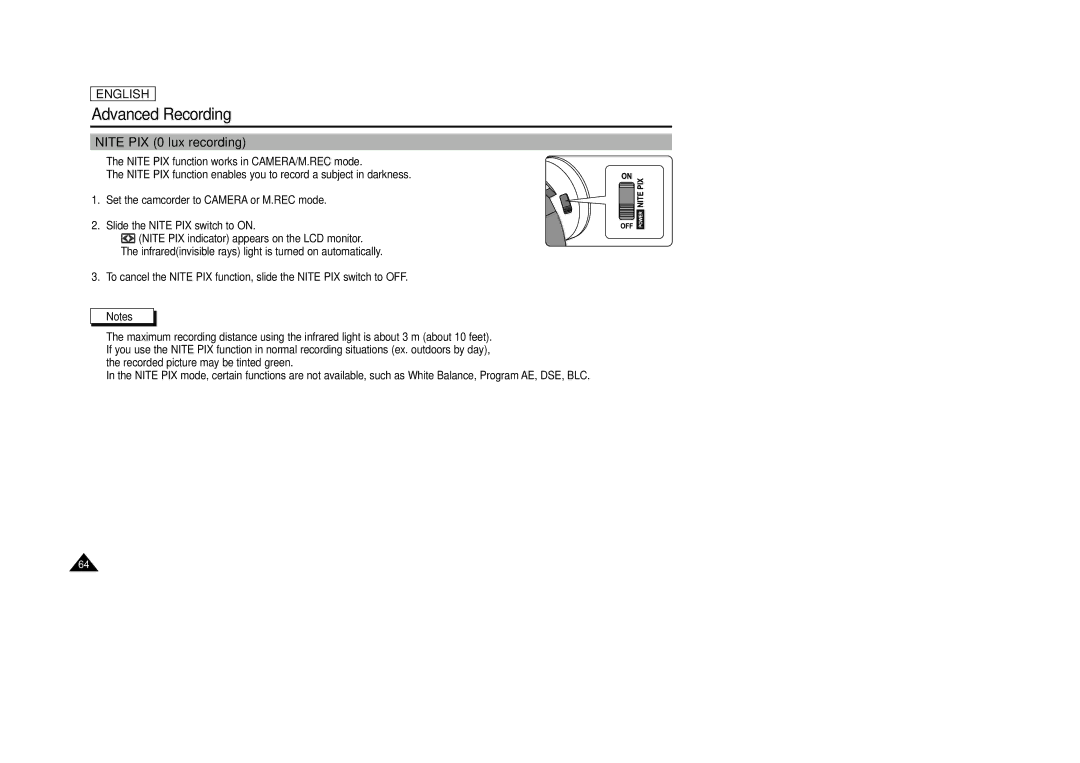 Samsung SCD29 manual Nite PIX 0 lux recording 