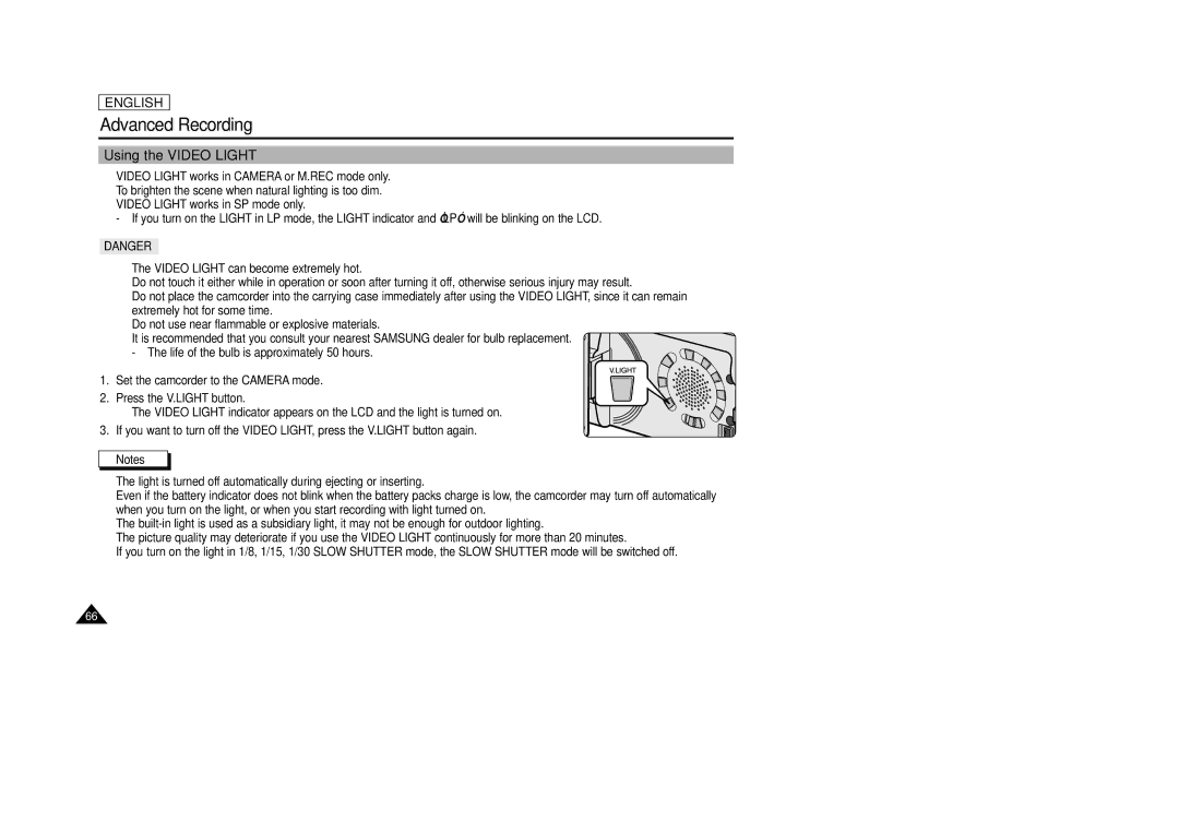 Samsung SCD29 manual Using the Video Light 