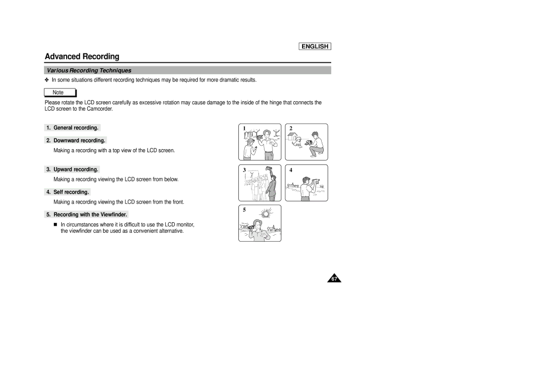 Samsung SCD29 manual Various Recording Techniques, General recording Downward recording, Upward recording, Self recording 