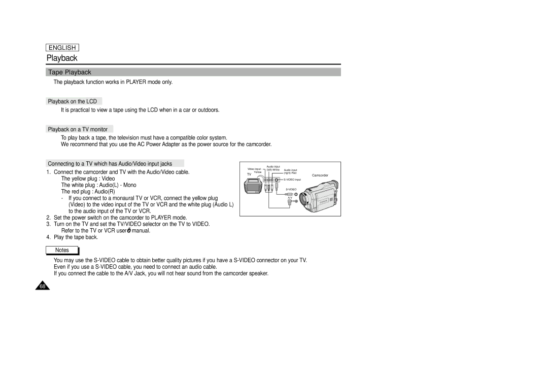 Samsung SCD29 manual Tape Playback, Playback on the LCD, Playback on a TV monitor 