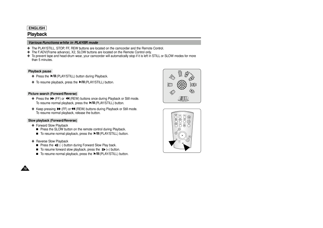 Samsung SCD29 manual Various Functions while in Player mode, Playback pause, Picture search Forward/Reverse 