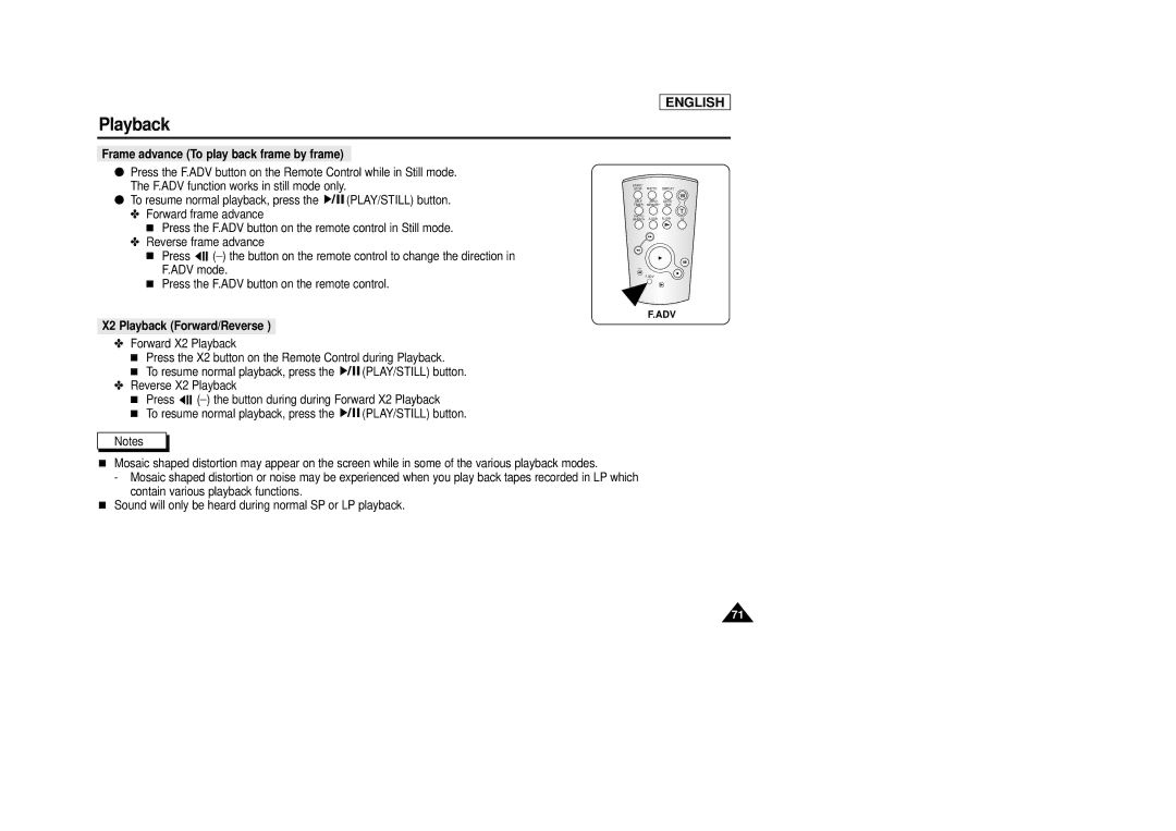 Samsung SCD29 manual Frame advance To play back frame by frame, X2 Playback Forward/Reverse 