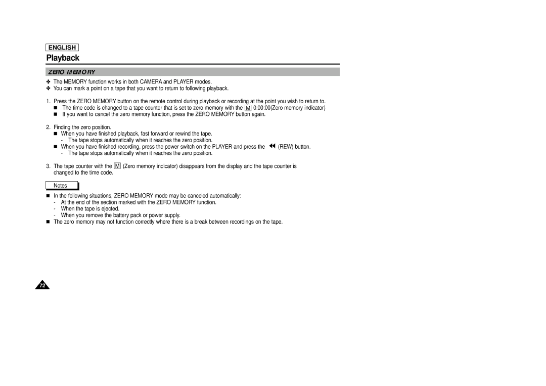 Samsung SCD29 manual Zero Memory 