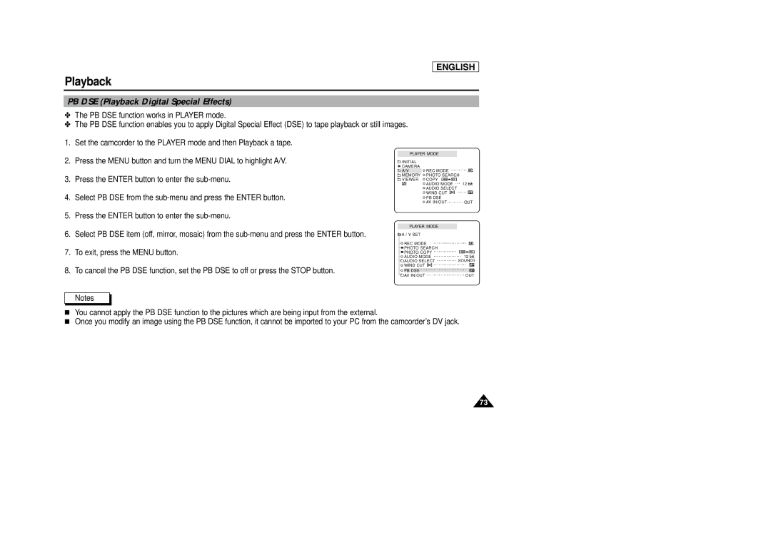 Samsung SCD29 manual PB DSE Playback Digital Special Effects 