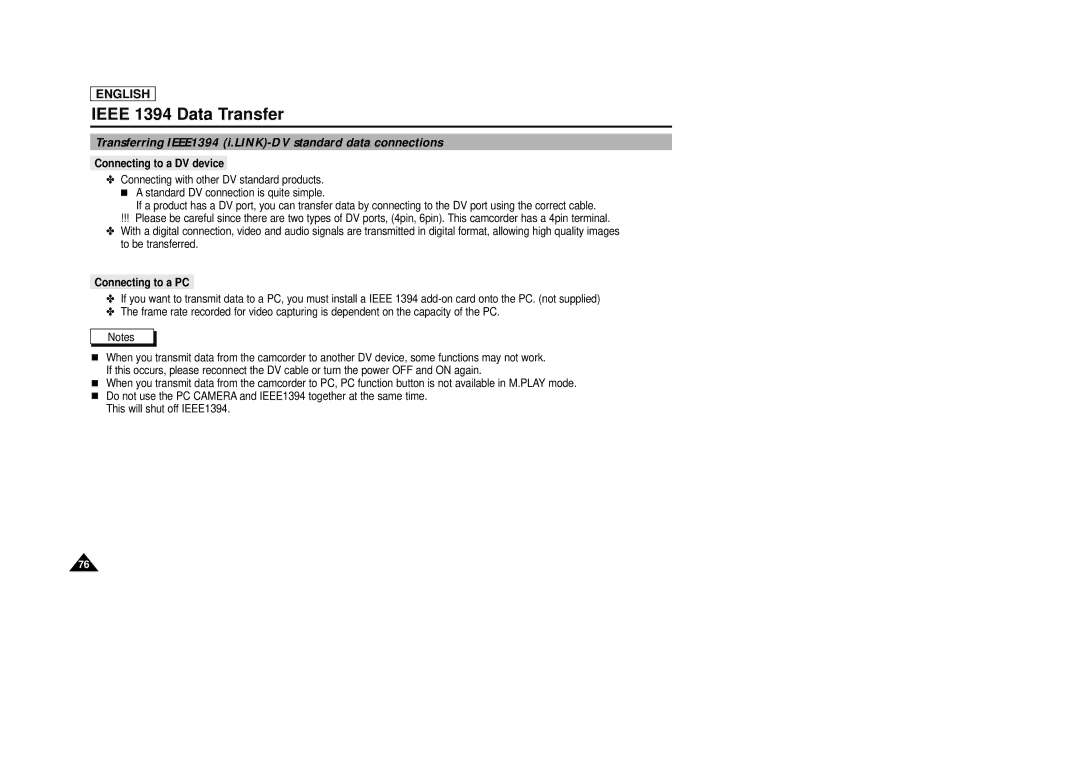 Samsung SCD29 manual Ieee 1394 Data Transfer, Transferring IEEE1394 i.LINK-DV standard data connections, Connecting to a PC 