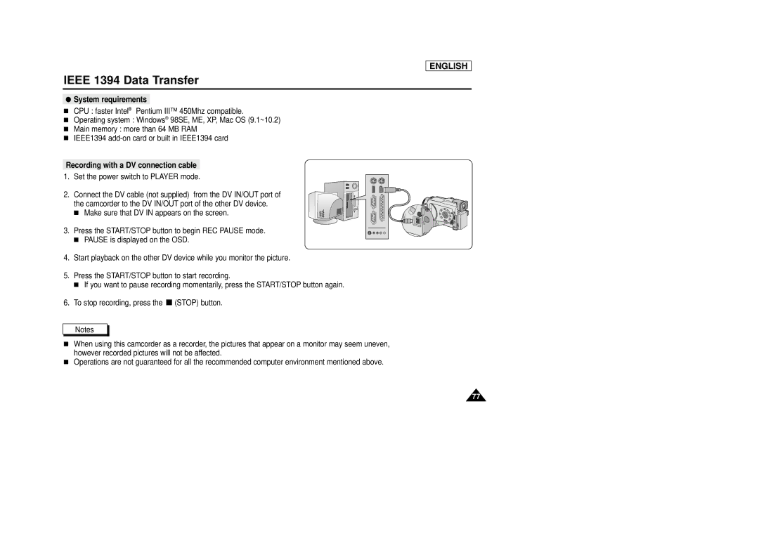 Samsung SCD29 manual System requirements, Recording with a DV connection cable 