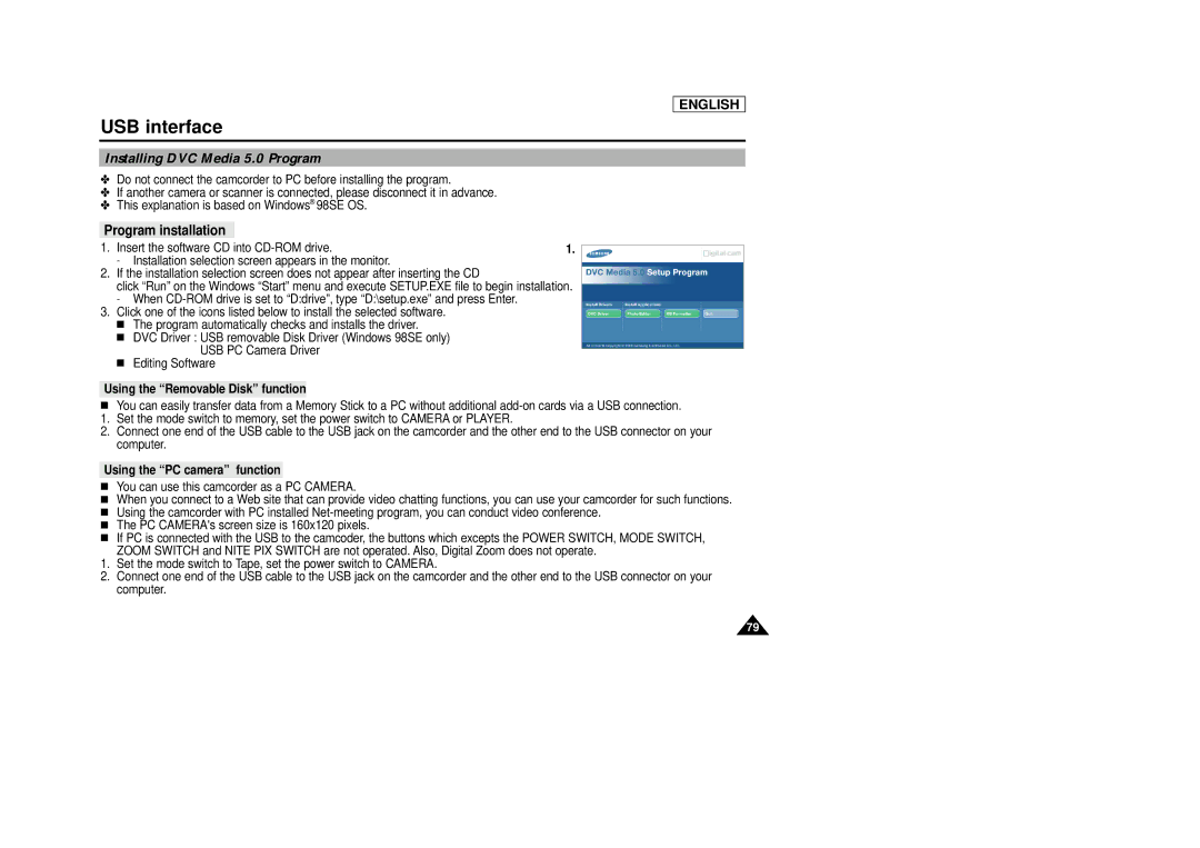 Samsung SCD29 manual Installing DVC Media 5.0 Program, Using the Removable Disk function, Using the PC camera function 