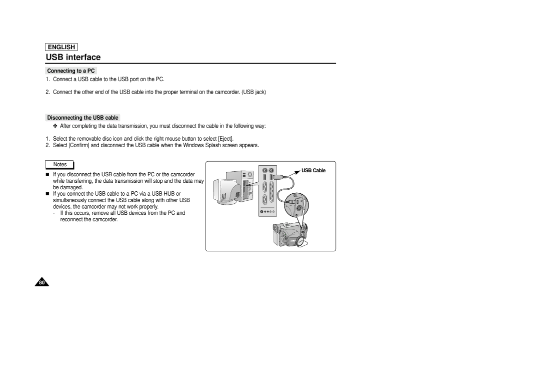 Samsung SCD29 manual Disconnecting the USB cable, USB Cable 