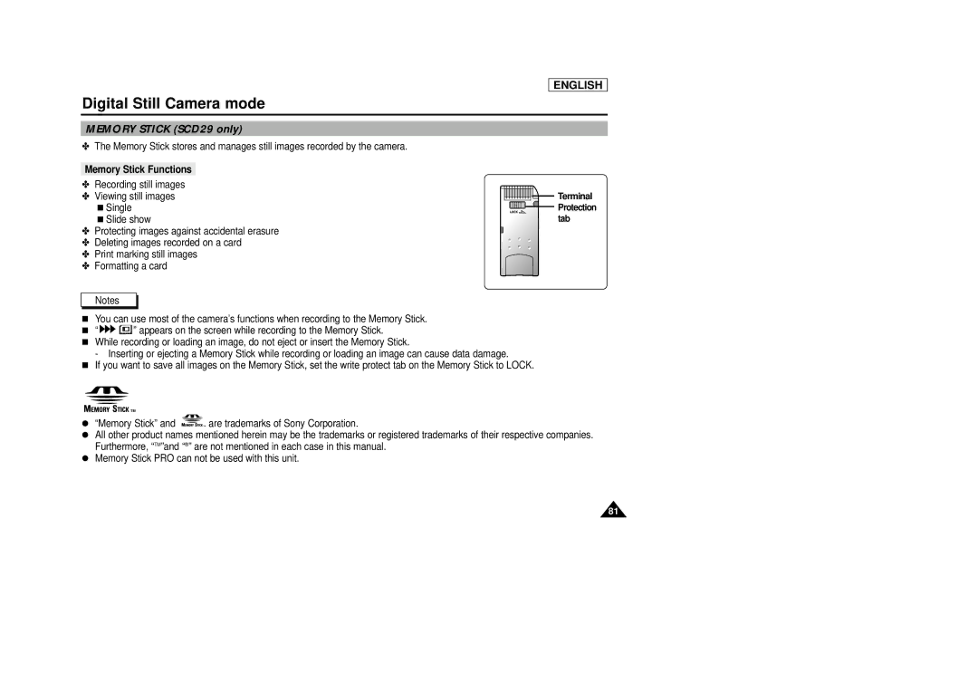 Samsung manual Digital Still Camera mode, Memory Stick SCD29 only, Memory Stick Functions 