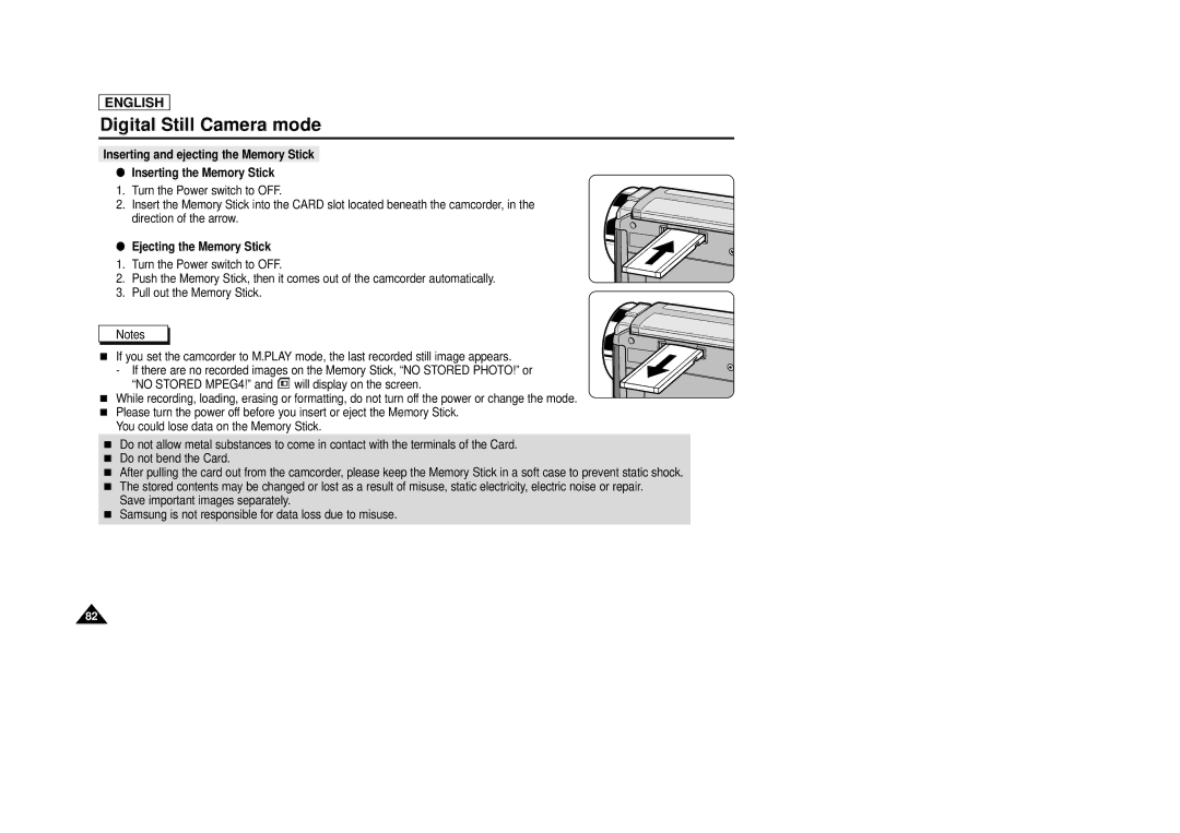 Samsung SCD29 manual Ejecting the Memory Stick 