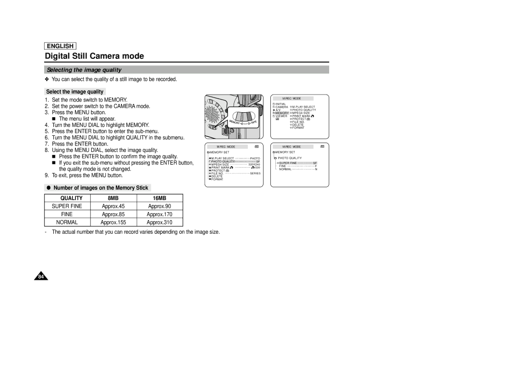 Samsung SCD29 Selecting the image quality, Select the image quality, Number of images on the Memory Stick, Quality 8MB 