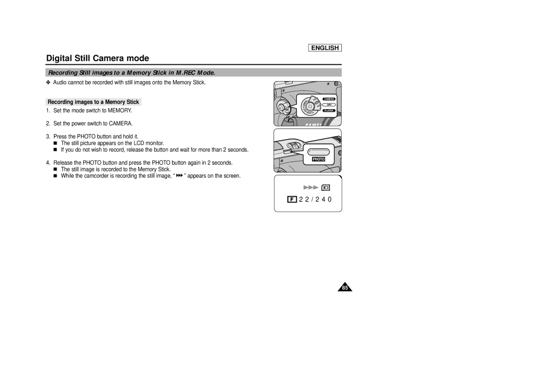 Samsung SCD29 manual Recording Still images to a Memory Stick in M.REC Mode, Recording images to a Memory Stick 