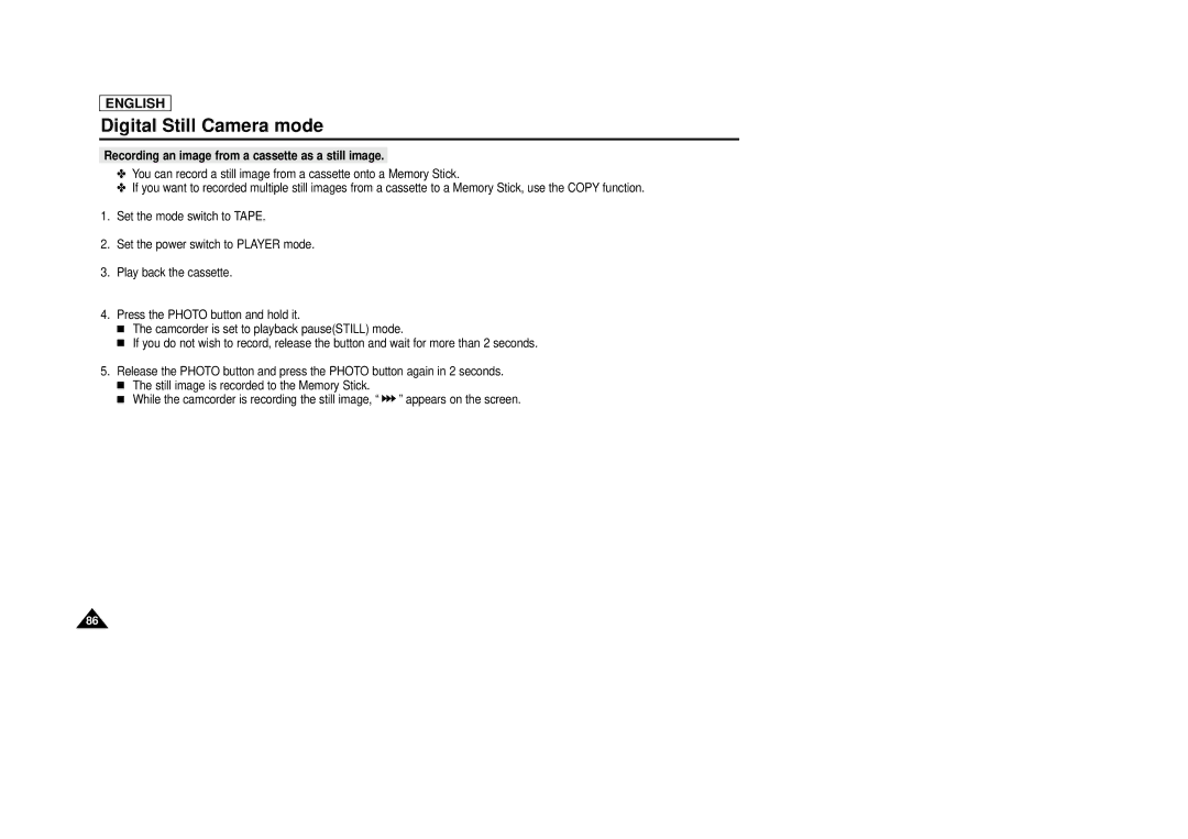 Samsung SCD29 manual Recording an image from a cassette as a still image 