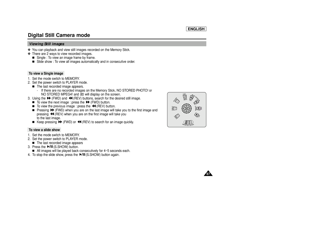 Samsung SCD29 manual Viewing Still images, To view a Single image, To view a slide show 