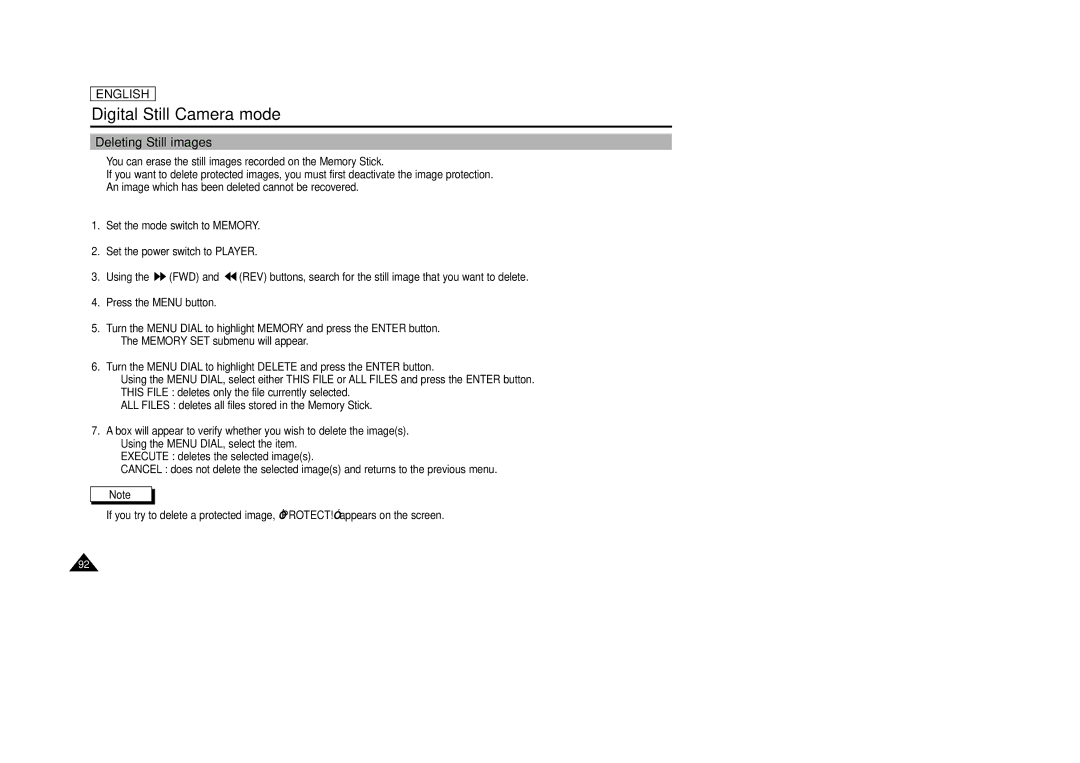 Samsung SCD29 manual Deleting Still images 