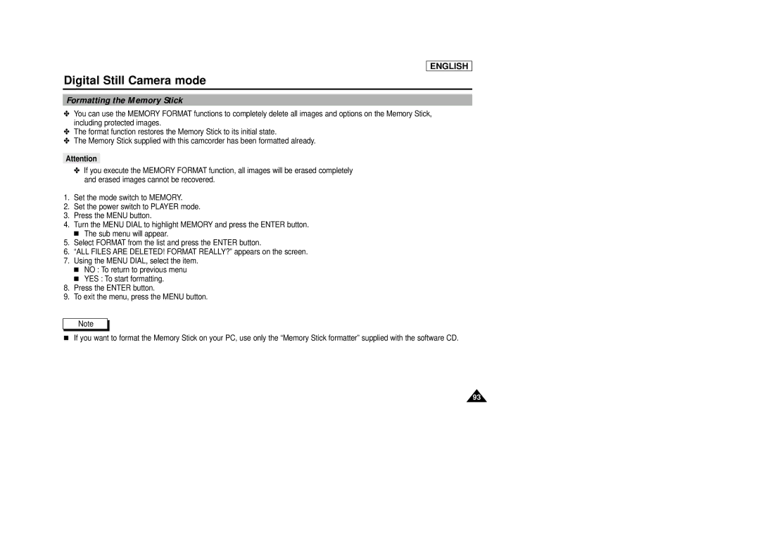 Samsung SCD29 manual Formatting the Memory Stick 