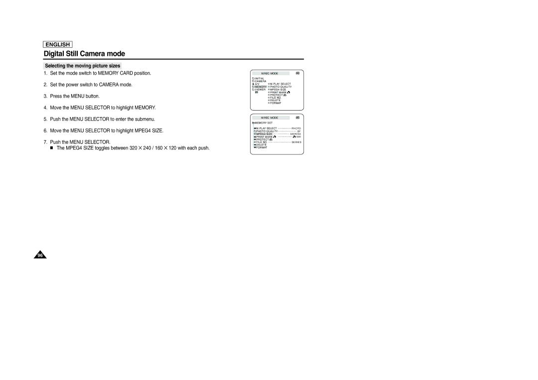 Samsung SCD303 manual Selecting the moving picture sizes 