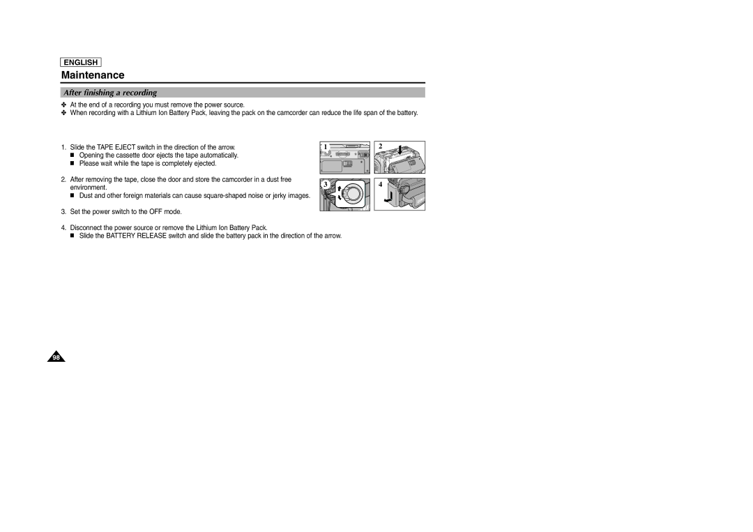 Samsung SCD303 manual Maintenance, After finishing a recording 