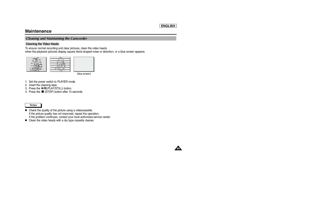 Samsung SCD303 manual Cleaning and Maintaining the Camcorder, Cleaning the Video Heads 