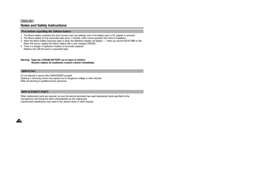 Samsung SCD303 Precautions regarding the Lithium battery, Should a battery be swallowed, consult a doctor immediately 