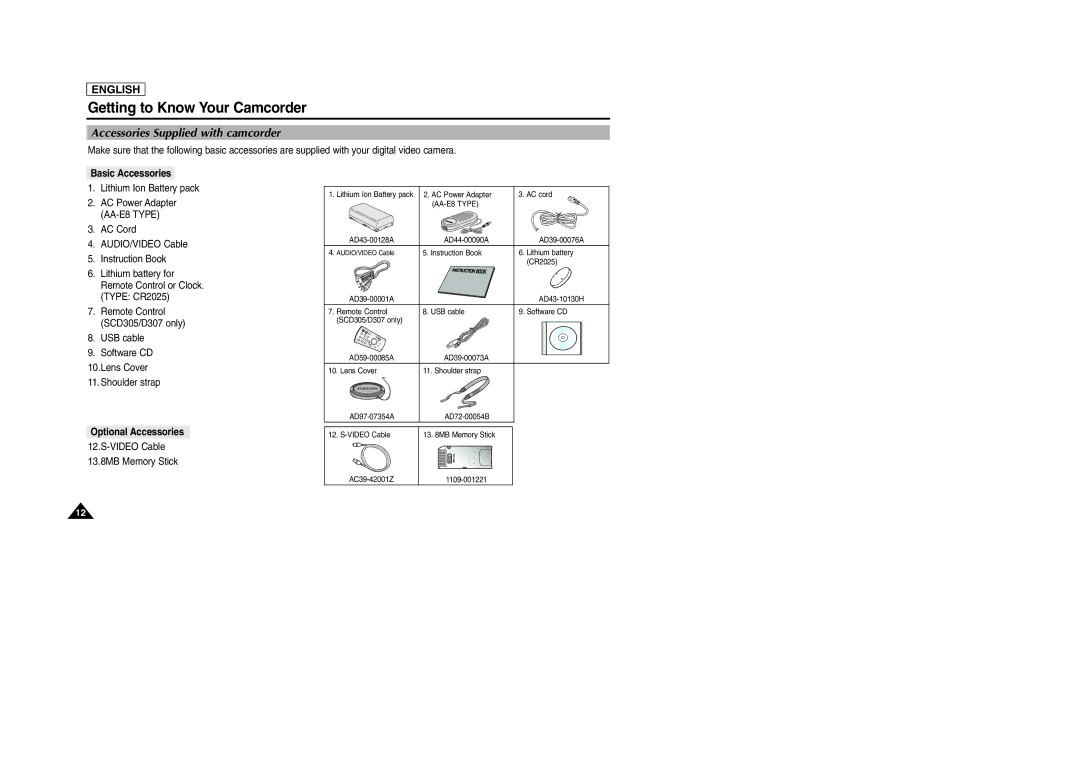 Samsung SCD303 manual Accessories Supplied with camcorder, Basic Accessories, Optional Accessories 