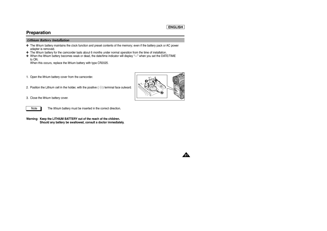 Samsung SCD303 manual Lithium Battery Installation 