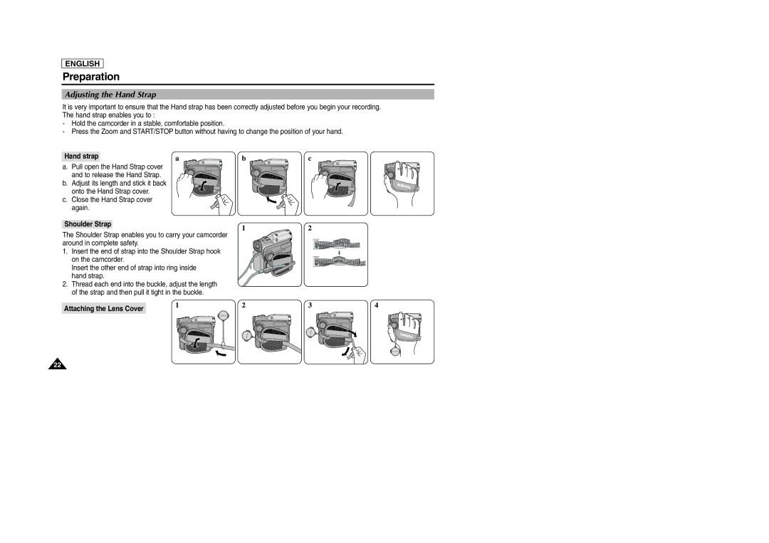 Samsung SCD303 manual Adjusting the Hand Strap, Hand strap, Shoulder Strap, Attaching the Lens Cover 