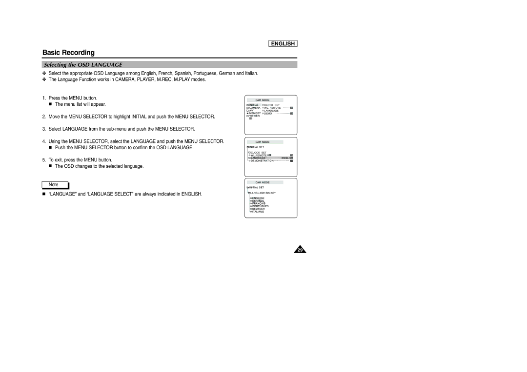 Samsung SCD303 manual Selecting the OSD Language 