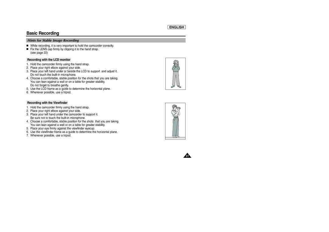 Samsung SCD303 manual Hints for Stable Image Recording, Recording with the LCD monitor, Recording with the Viewfinder 