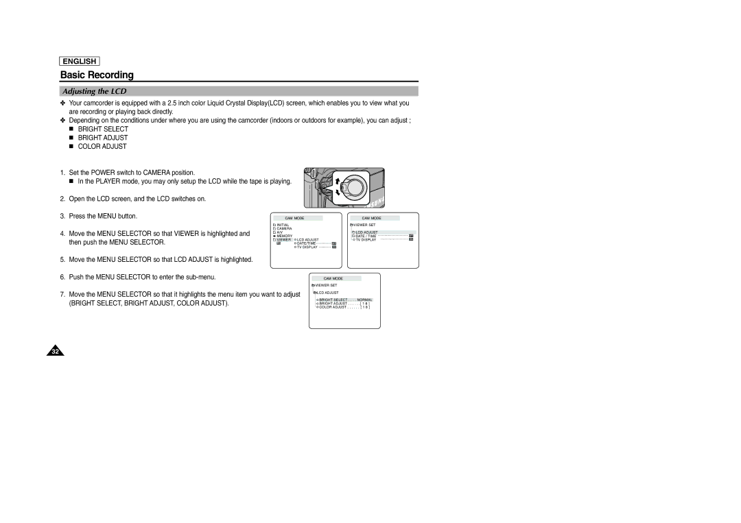 Samsung SCD303 manual Adjusting the LCD, Bright Select Bright Adjust Color Adjust 