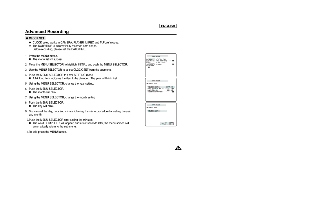 Samsung SCD303 manual Clock SET, Clock setup works in CAMERA, PLAYER, M.REC and M.PLAY modes 