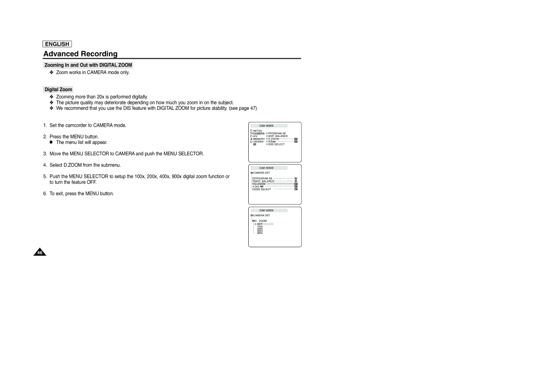 Samsung SCD303 manual Zooming In and Out with Digital Zoom 