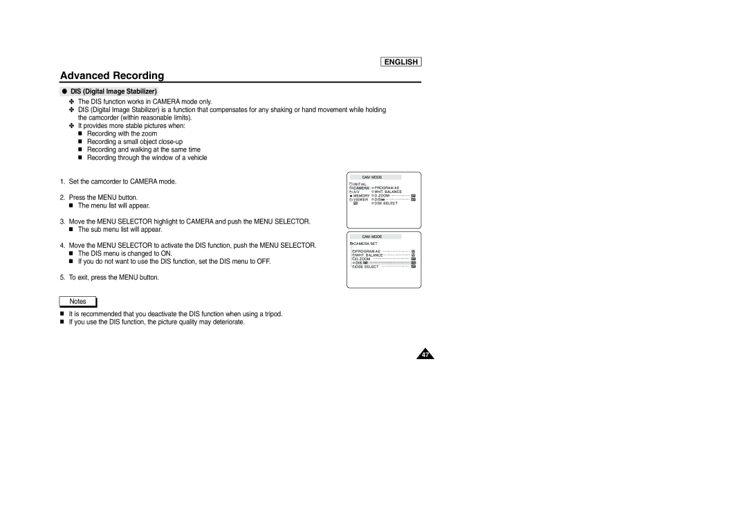 Samsung SCD303 manual DIS Digital Image Stabilizer 