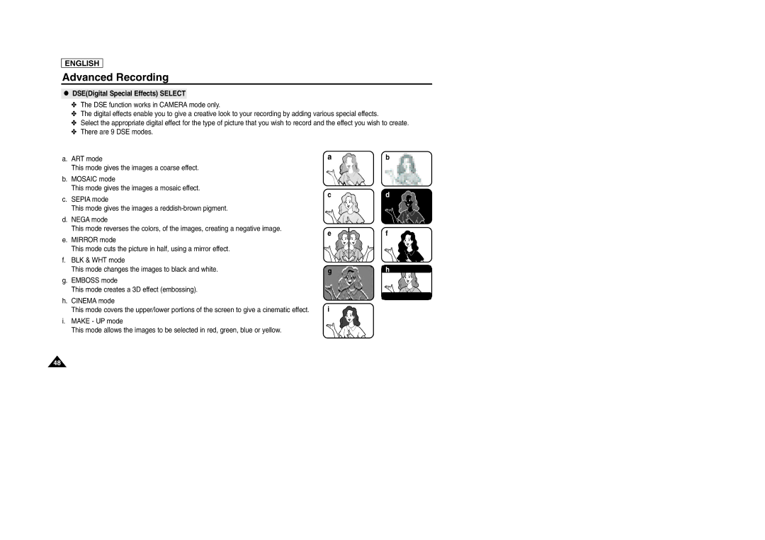 Samsung SCD303 manual DSEDigital Special Effects Select 