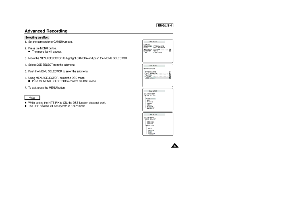 Samsung SCD303 manual Selecting an effect 