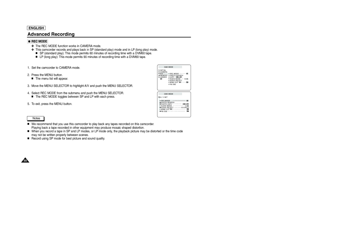 Samsung SCD303 manual REC Mode function works in Camera mode 