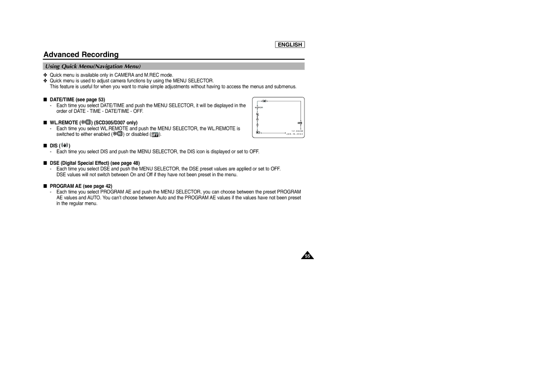 Samsung SCD303 manual Using Quick MenuNavigation Menu, Wl.Remote, Dis, DSE Digital Special Effect see 