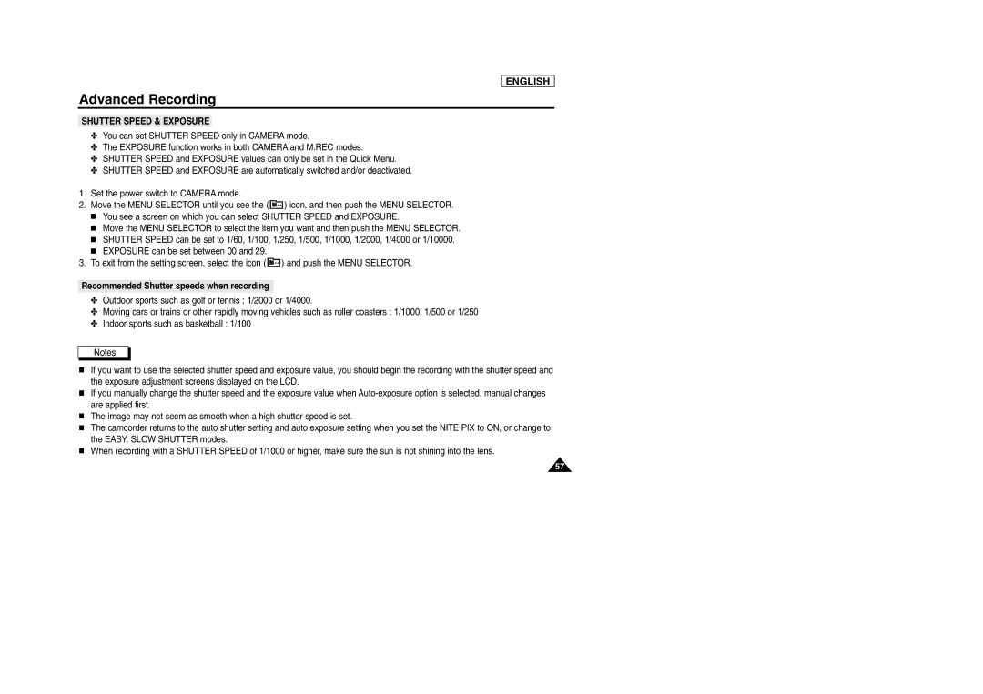 Samsung SCD303 manual Recommended Shutter speeds when recording 