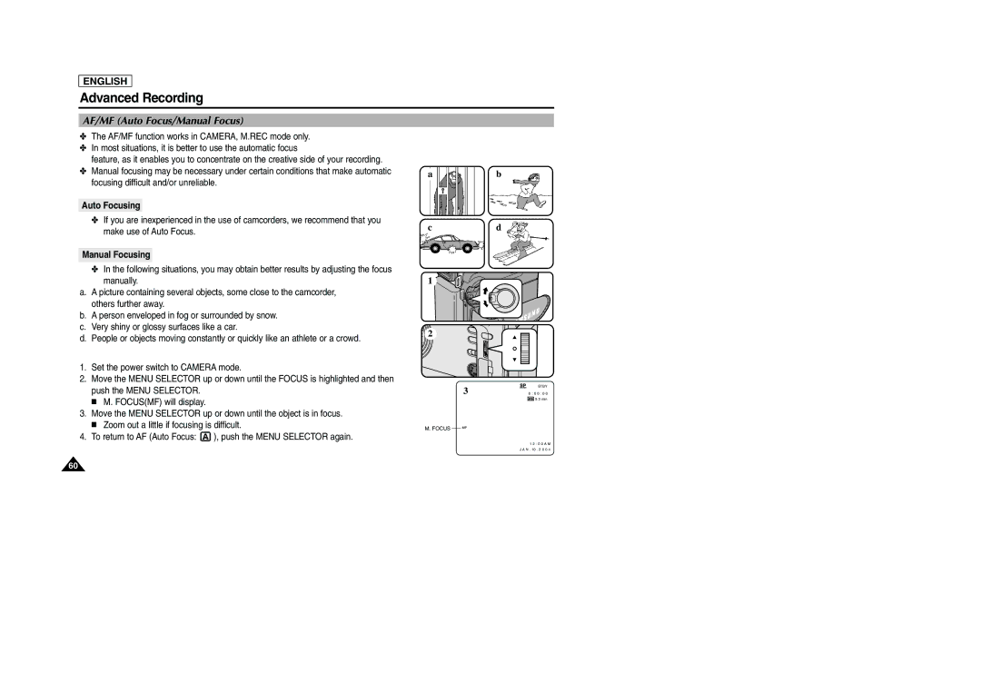 Samsung SCD303 manual AF/MF Auto Focus/Manual Focus, Auto Focusing, Manual Focusing 