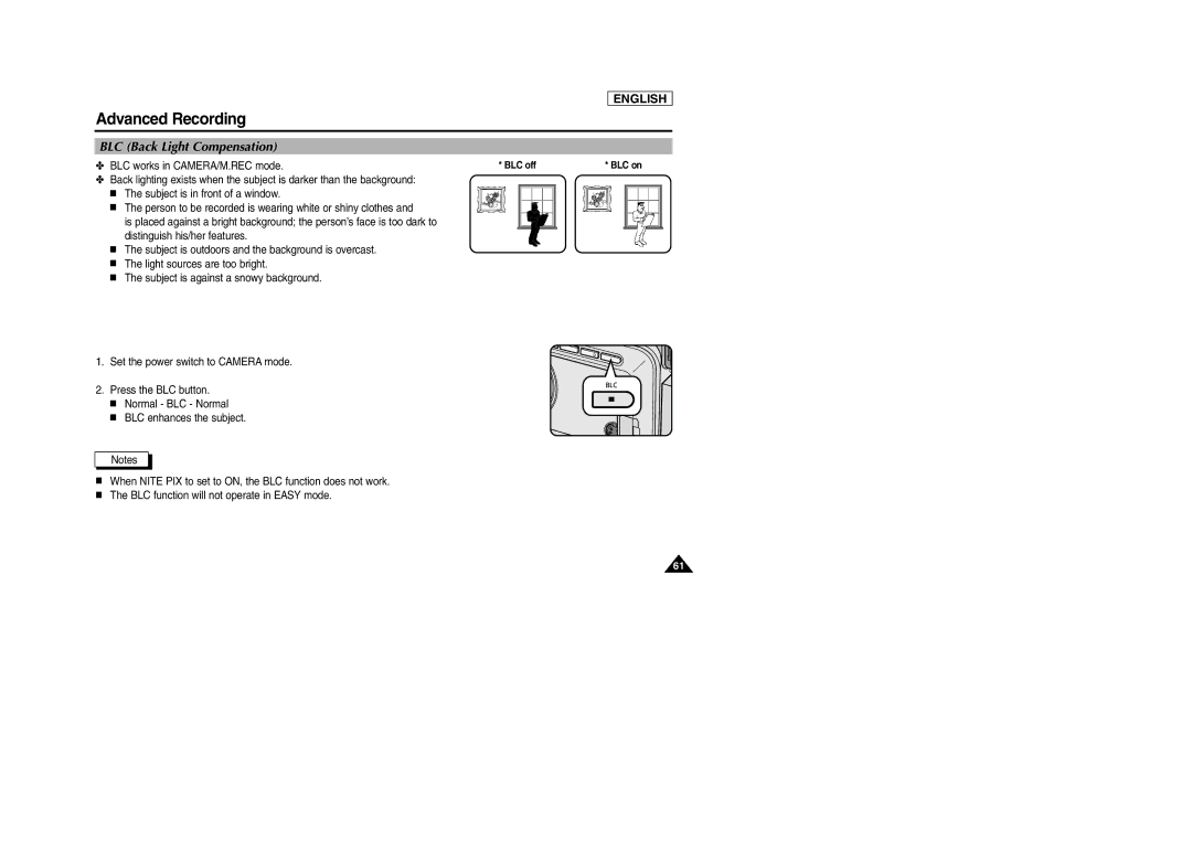 Samsung SCD303 manual BLC Back Light Compensation, BLC works in CAMERA/M.REC mode 