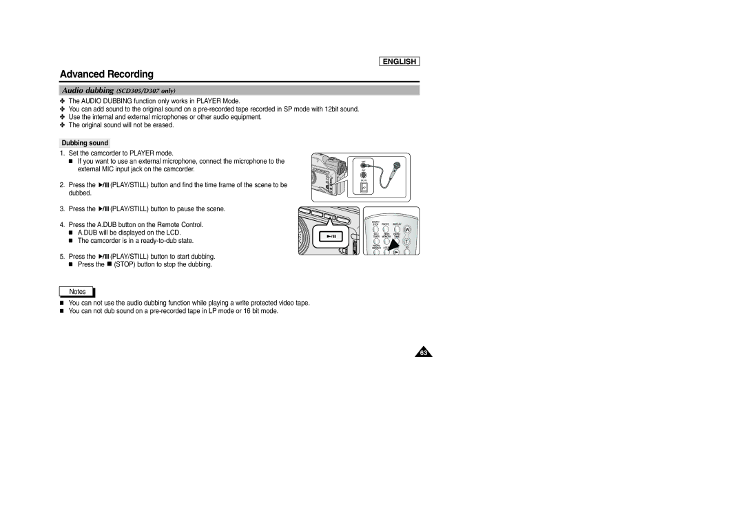 Samsung SCD303 manual Audio dubbing SCD305/D307 only, Dubbing sound 