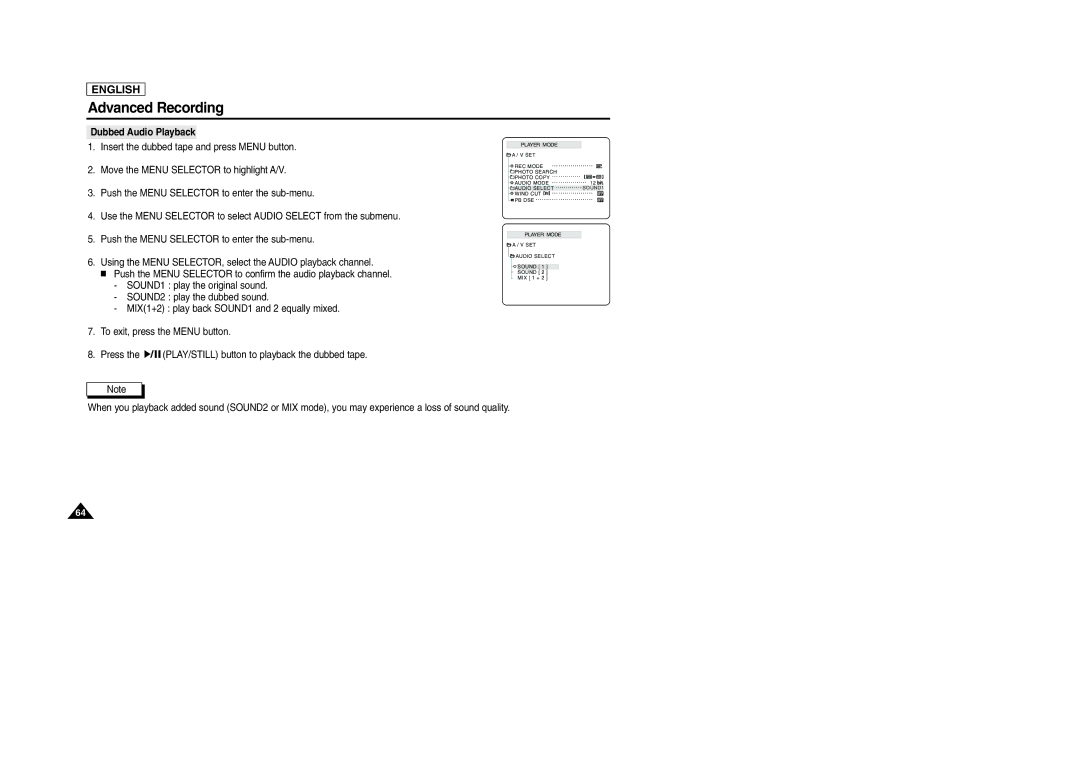 Samsung SCD303 manual Dubbed Audio Playback 