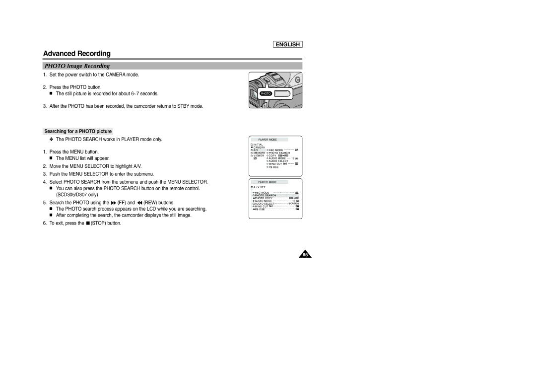 Samsung SCD303 manual Photo Image Recording, Searching for a Photo picture 