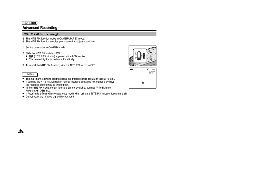 Samsung SCD303 manual Nite PIX 0 lux recording 