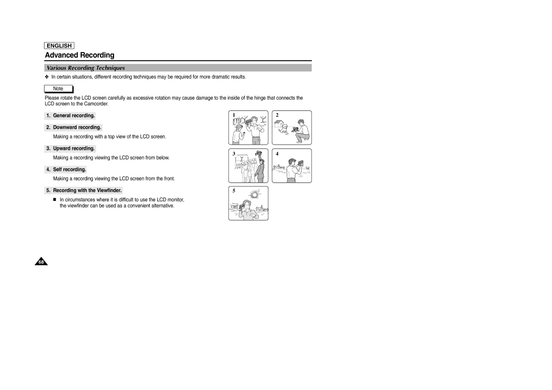 Samsung SCD303 manual Various Recording Techniques, General recording Downward recording, Upward recording, Self recording 