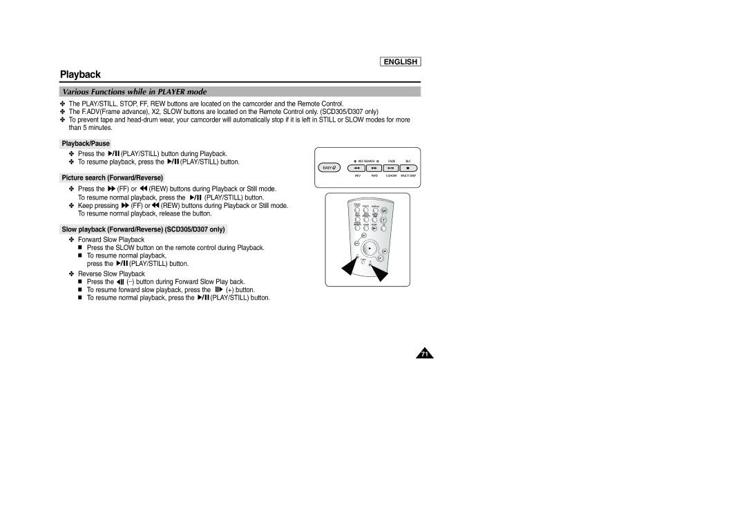 Samsung SCD303 manual Various Functions while in Player mode, Playback/Pause, Picture search Forward/Reverse 