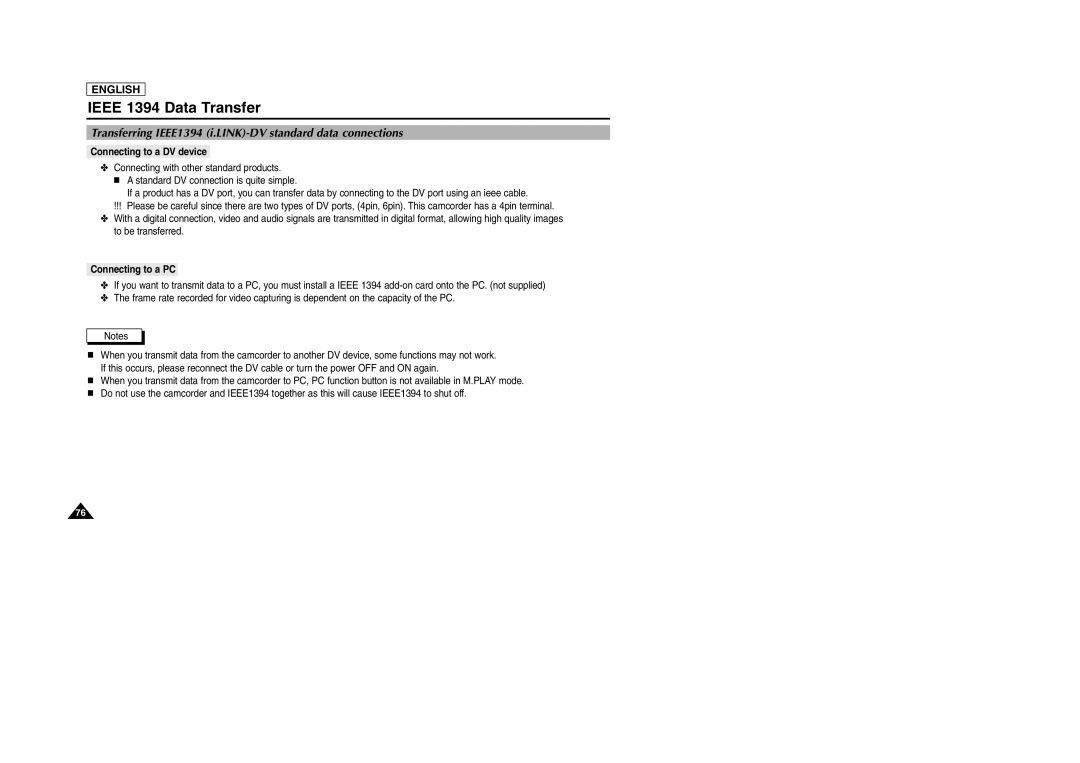 Samsung SCD303 Transferring IEEE1394 i.LINK-DV standard data connections, Connecting to a DV device, Connecting to a PC 