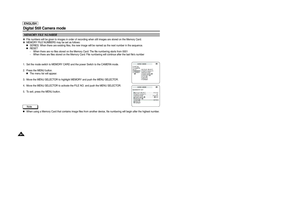 Samsung SCD303 manual Memory File Number 