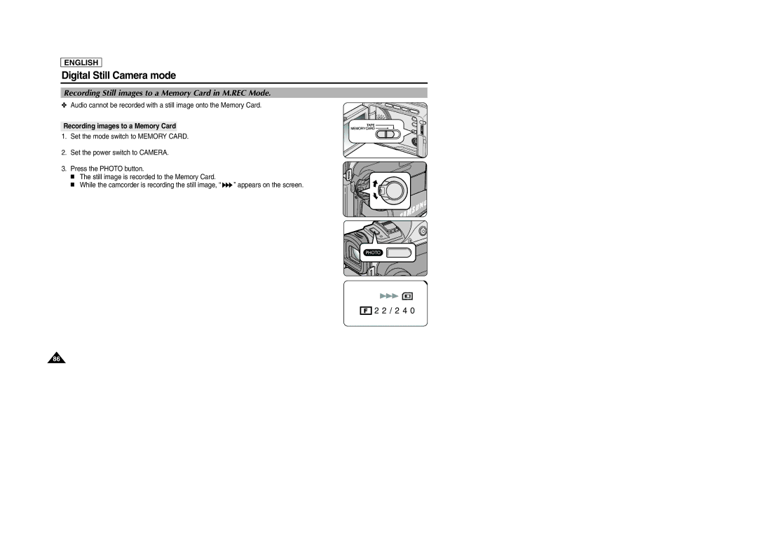 Samsung SCD303 manual Recording Still images to a Memory Card in M.REC Mode, Recording images to a Memory Card 