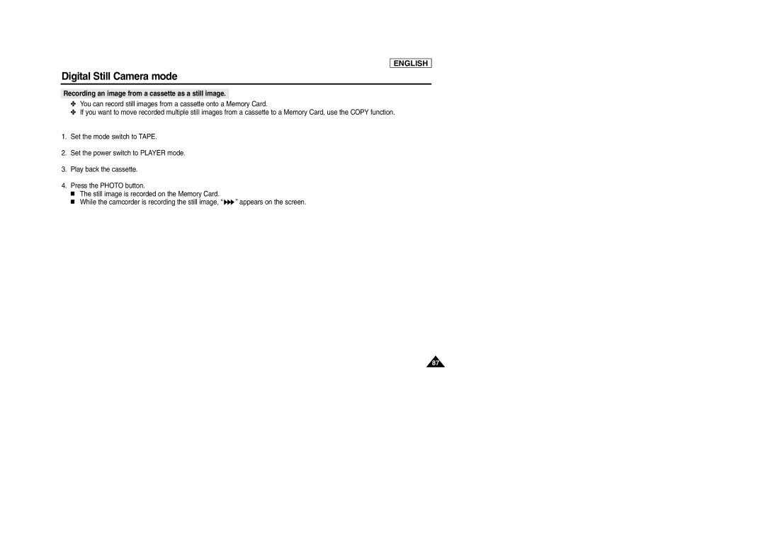 Samsung SCD303 manual Recording an image from a cassette as a still image 